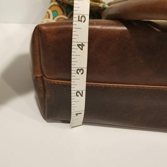 JOYN Cotton Tote Arch Print Brown Leather Yellow Green Shoulder Bag Lined Pocket - Picture 14 of 14